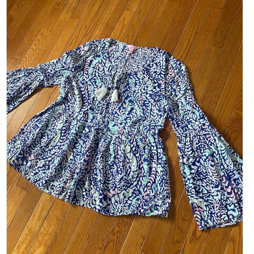 Lily Pulitzer Kahli Shirt Women Small Grotto Bell Sleeve Tunic Boho Rayon Blouse